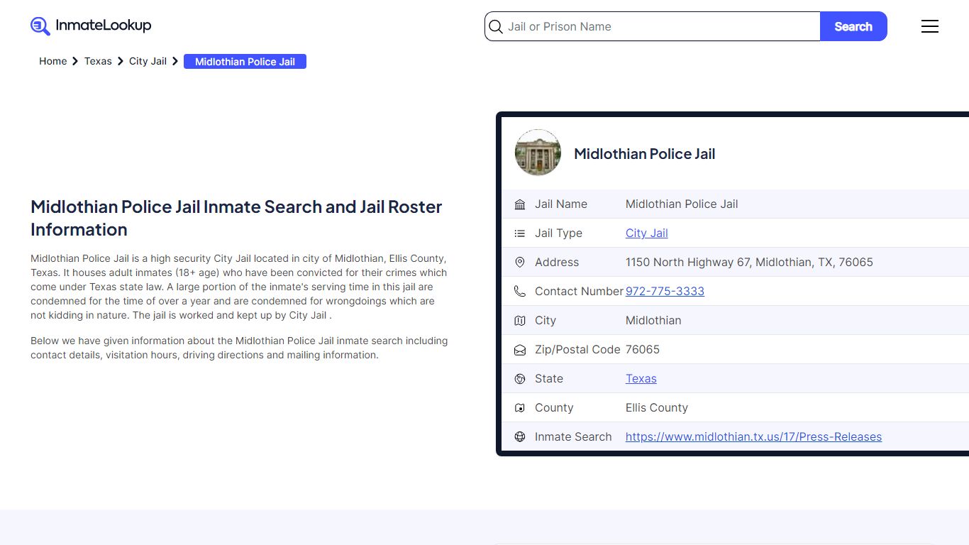 Midlothian Police Jail Inmate Search and Jail Roster Information
